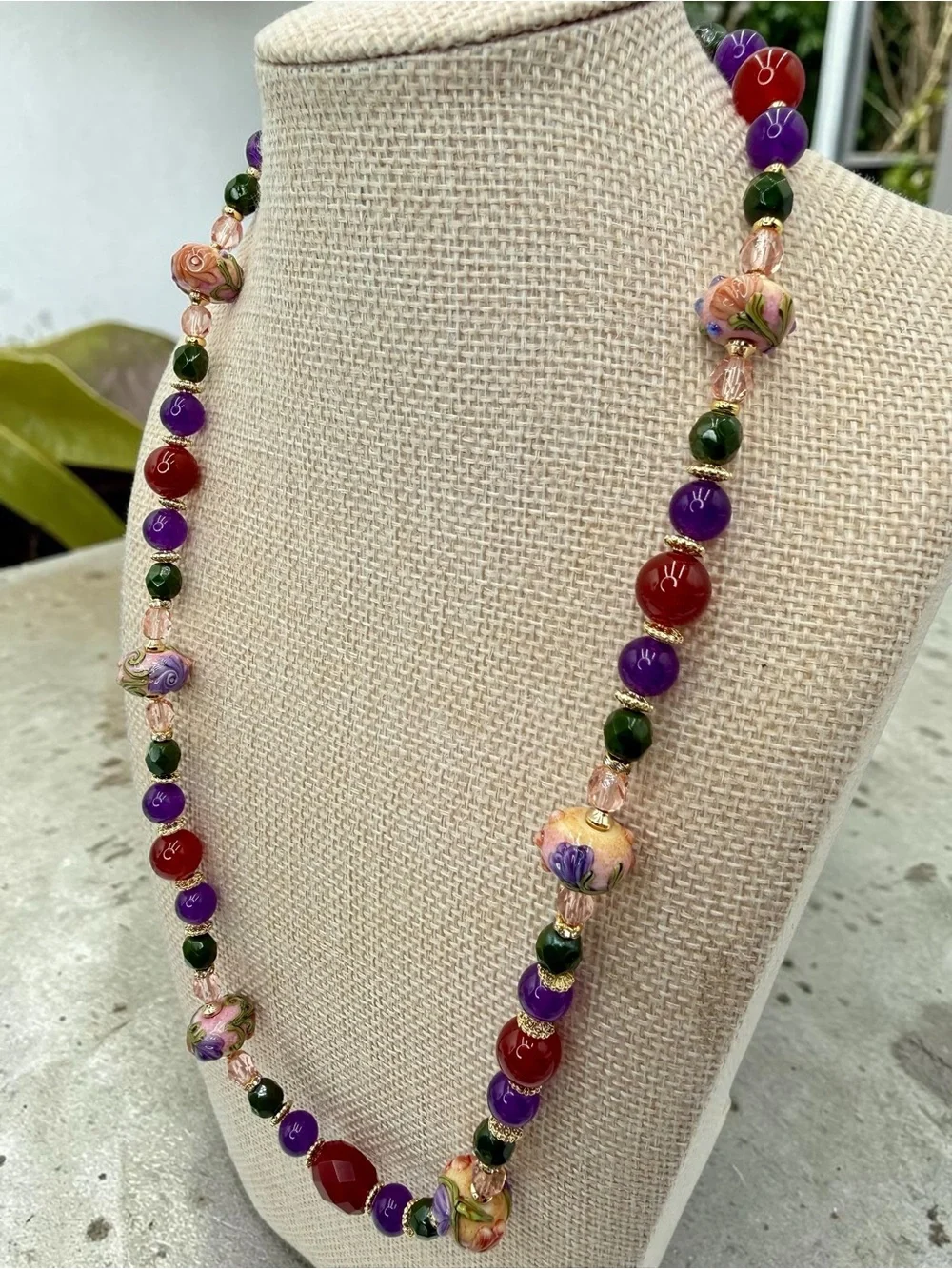 Artisan Handmade Amethyst Carnelian Lampwork Floral Necklace 20” Gold Floral Lux - Picture 4 of 17